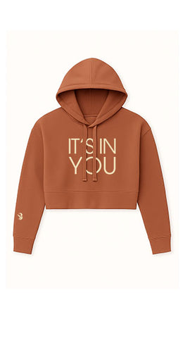 A crop hoodie with 'IT'S IN YOU' text on a red clay crop hoodie.